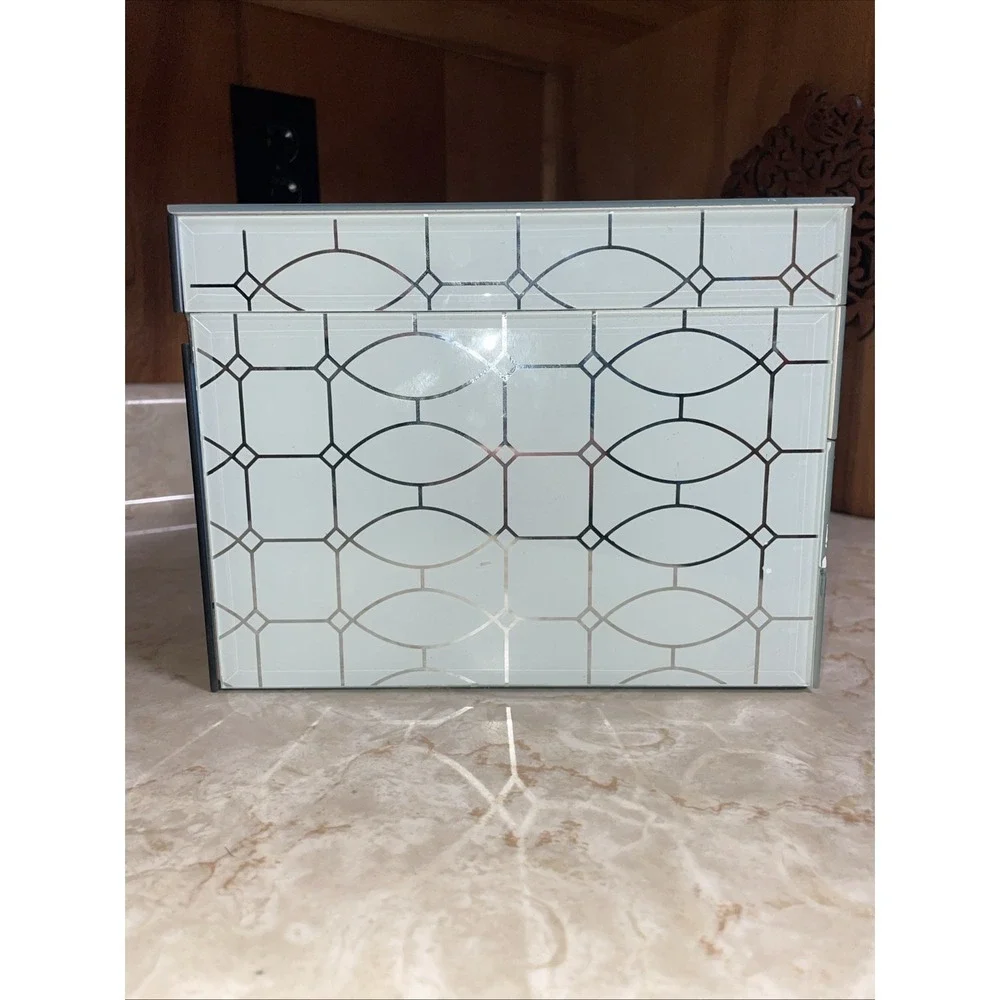 Z Gallery White Glass Mirrored Silver Geometric Pattern Jewelry Box Trinket Case